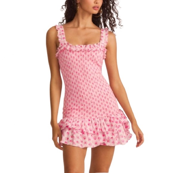 🆕-LoveShackFancy Dress Breyer Pink Floral Ruched Tiered Mini Dress. NWT - Picture 6 of 11
